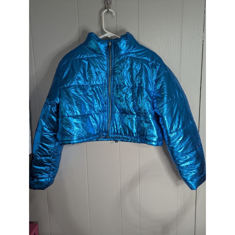 Hot Delicious womens juniors  L blue metallic puffy puffer jacket coat‎